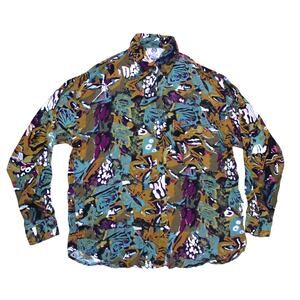 Vintage Short Circuit rayon button-up shirt loud print long sleeve sz M 80s 90s